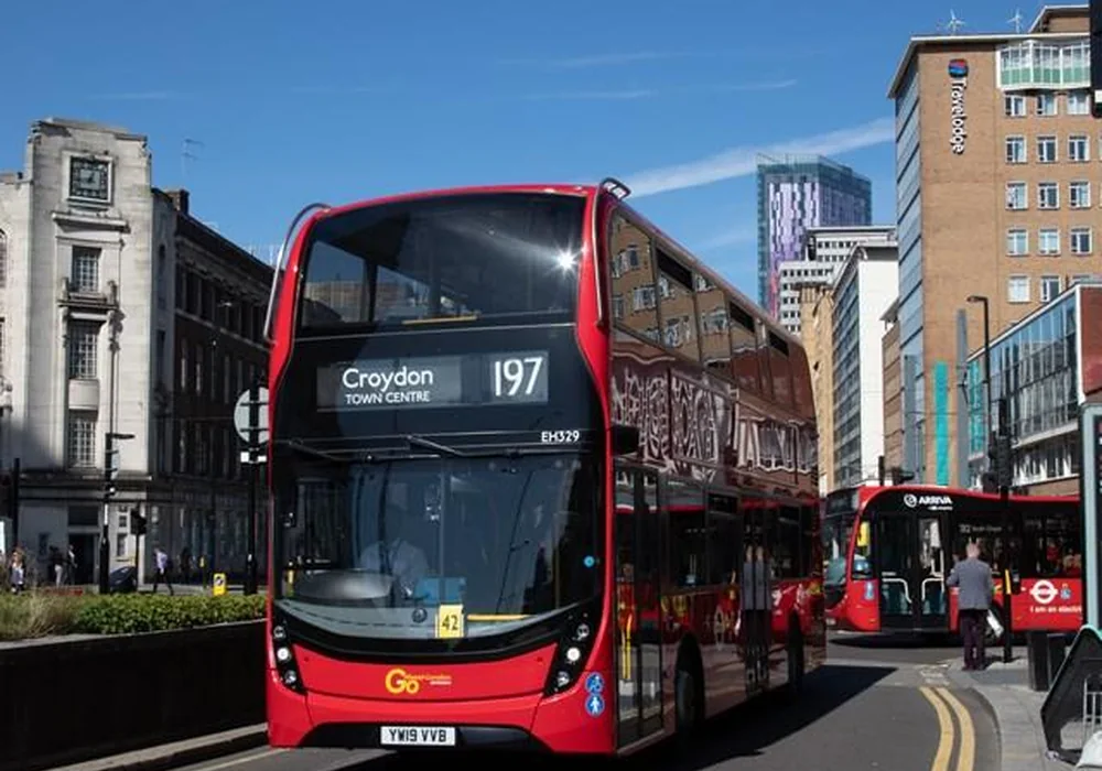 Red double-decker bus in Croydon town centre